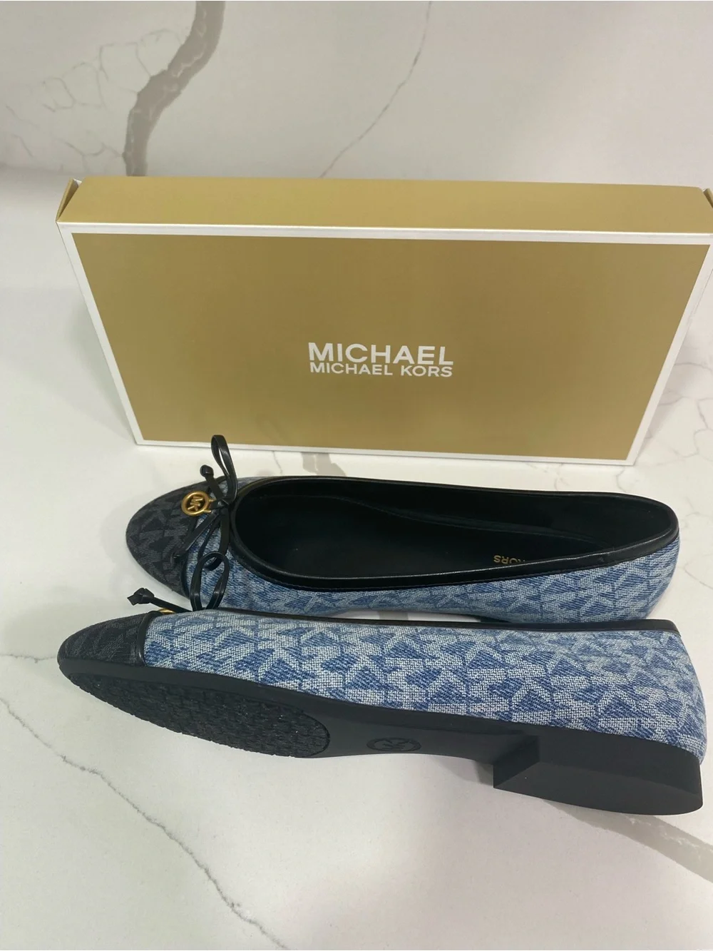 Michael Kors Blue Denim & Black MK Logo Ballet Flats with Gold Charm
